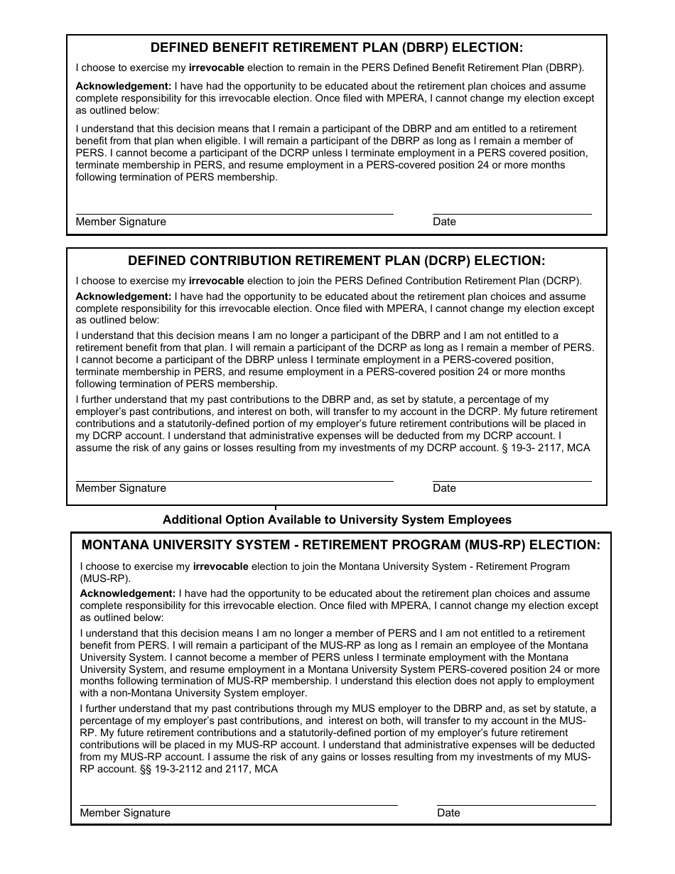 Form MBS-0039 Pers Retirement Plan Choice - Irrevocable Election - Montana, Page 2