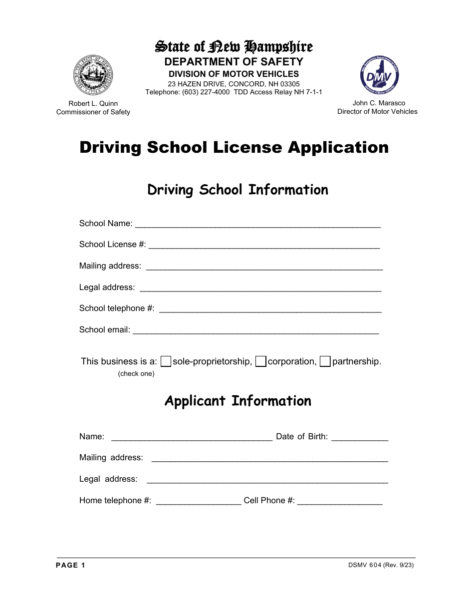 Form DSMV604 Driving School License Application - New Hampshire, Page 1