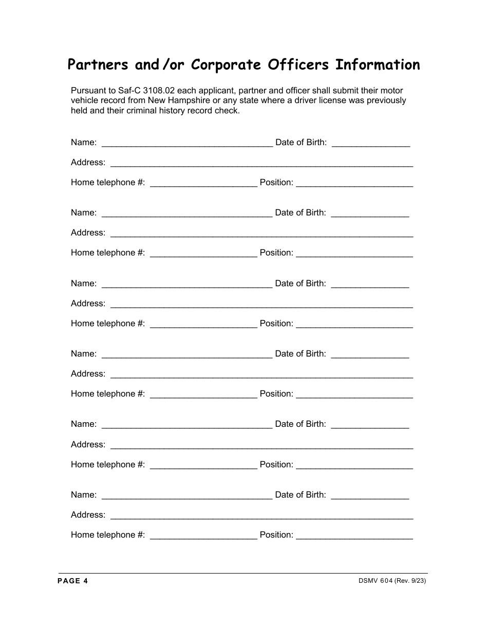 Form DSMV604 Driving School License Application - New Hampshire, Page 4