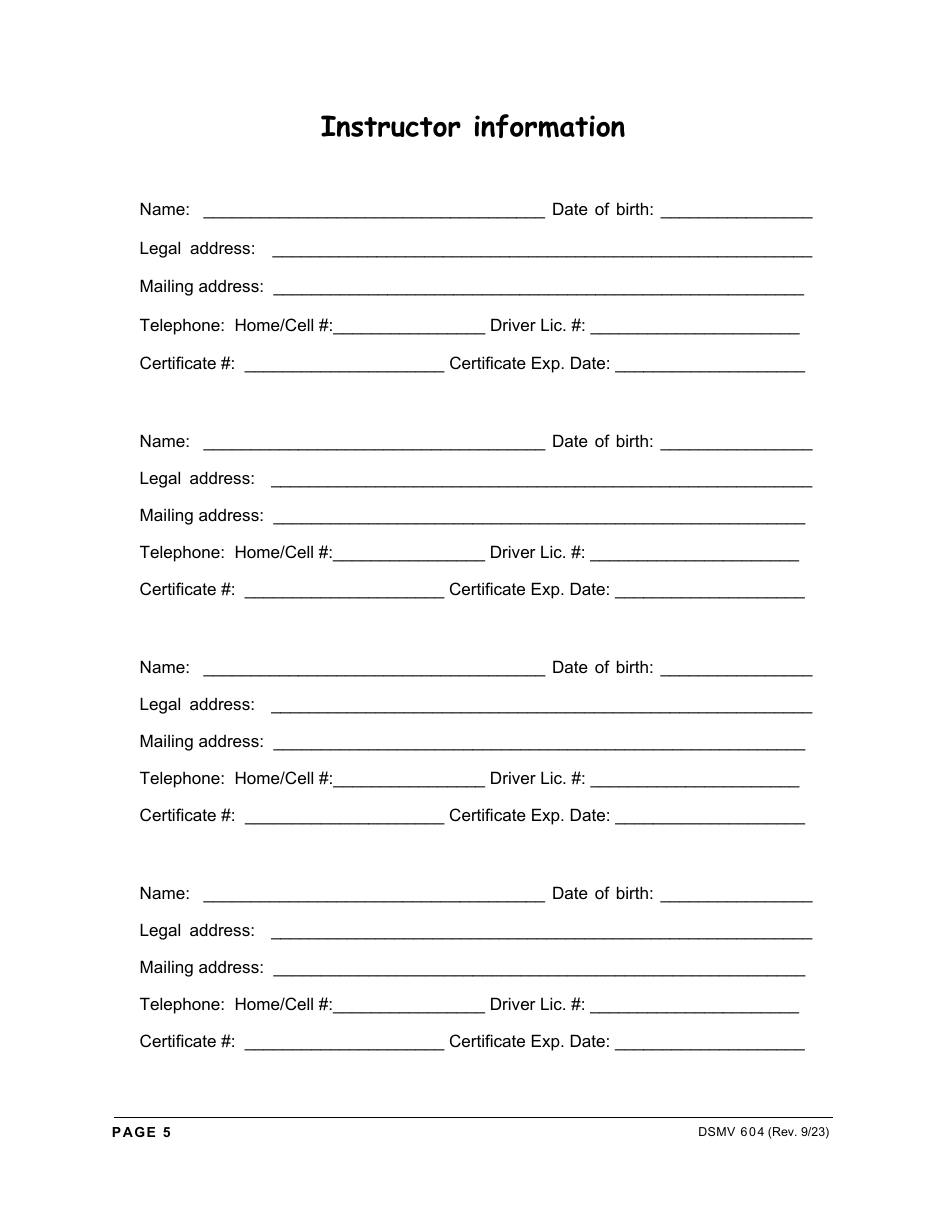 Form DSMV604 Driving School License Application - New Hampshire, Page 5