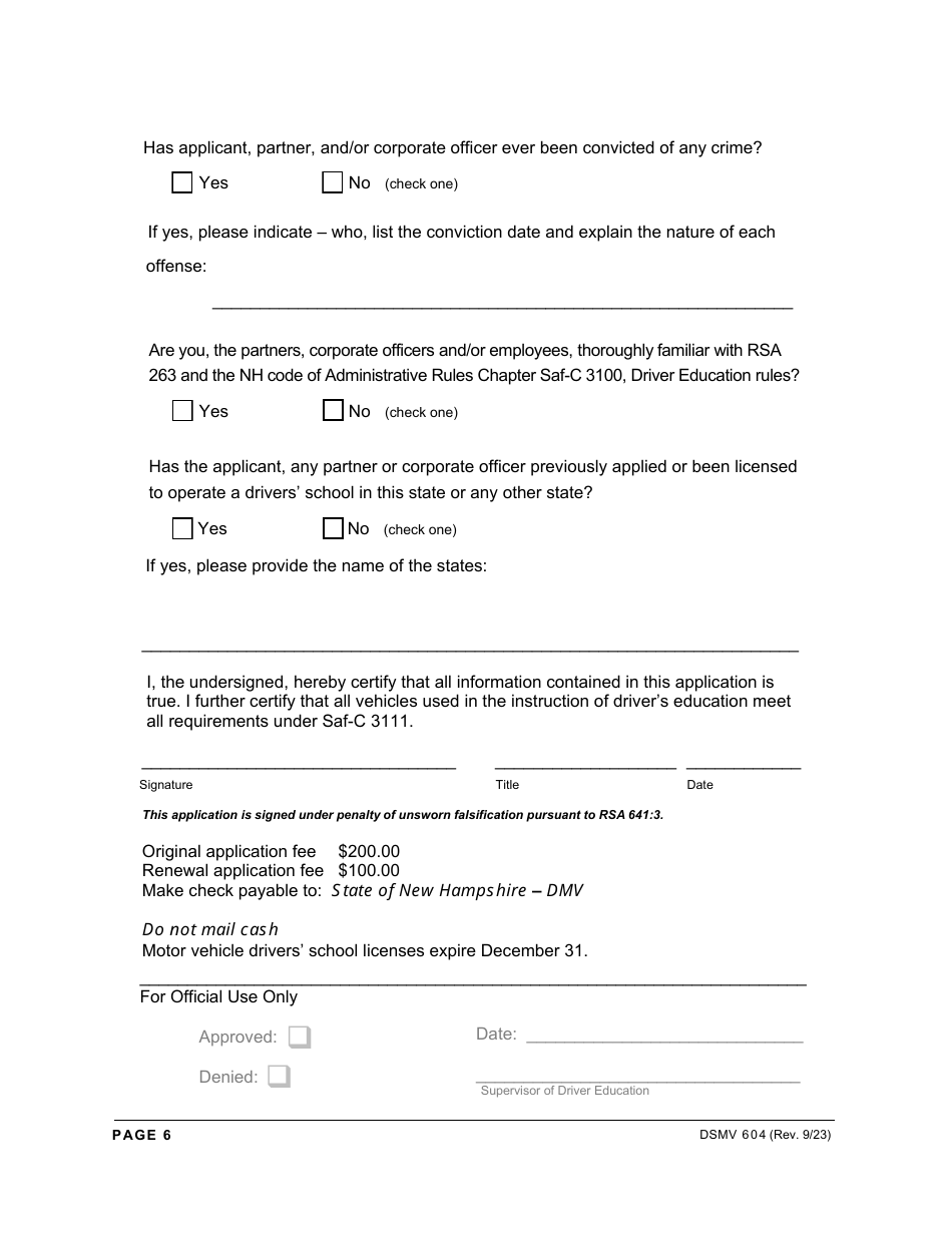 Form DSMV604 Driving School License Application - New Hampshire, Page 6