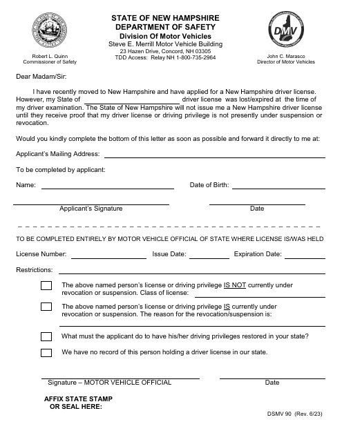 Form DSMV90 Verification of out of State License - New Hampshire