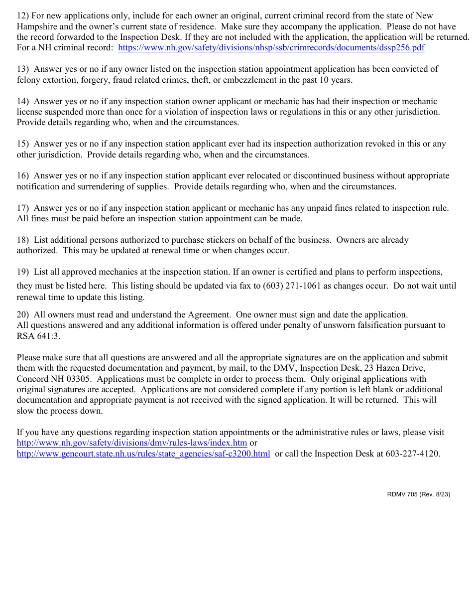 Form RDMV705 Application - Inspection Station Appointment - New Hampshire, Page 2