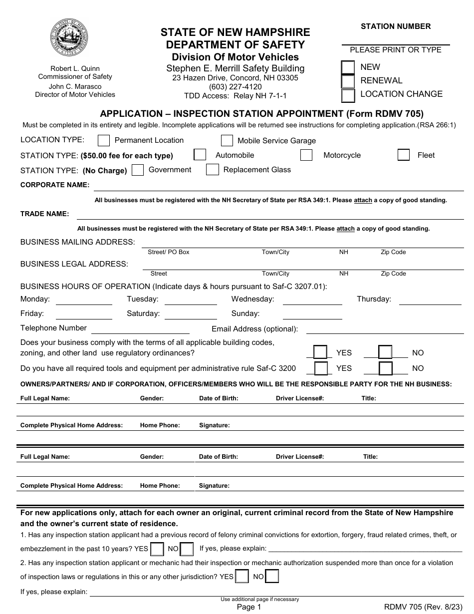 Form RDMV705 Application - Inspection Station Appointment - New Hampshire, Page 3