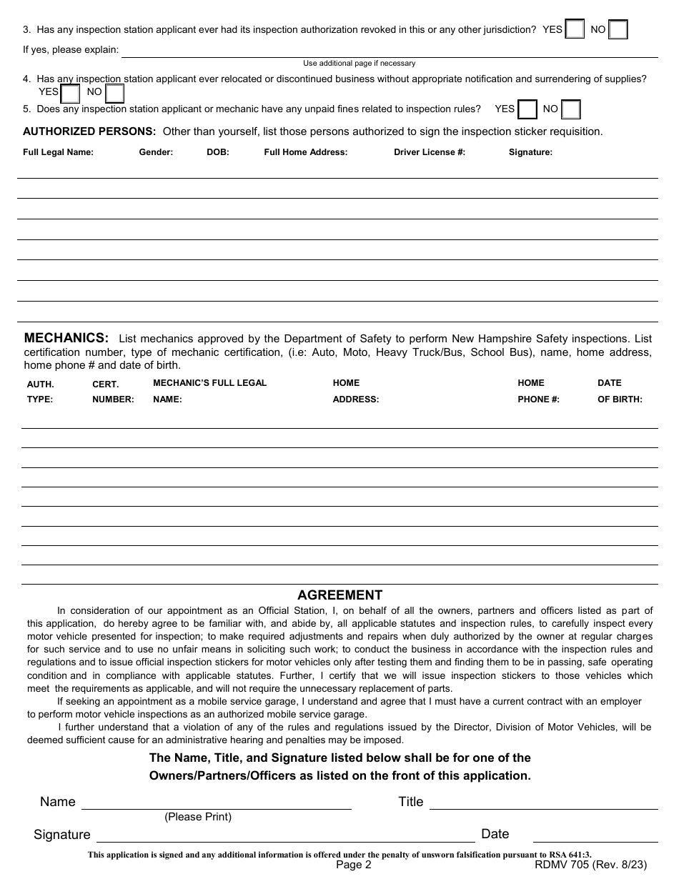 Form RDMV705 Application - Inspection Station Appointment - New Hampshire, Page 4