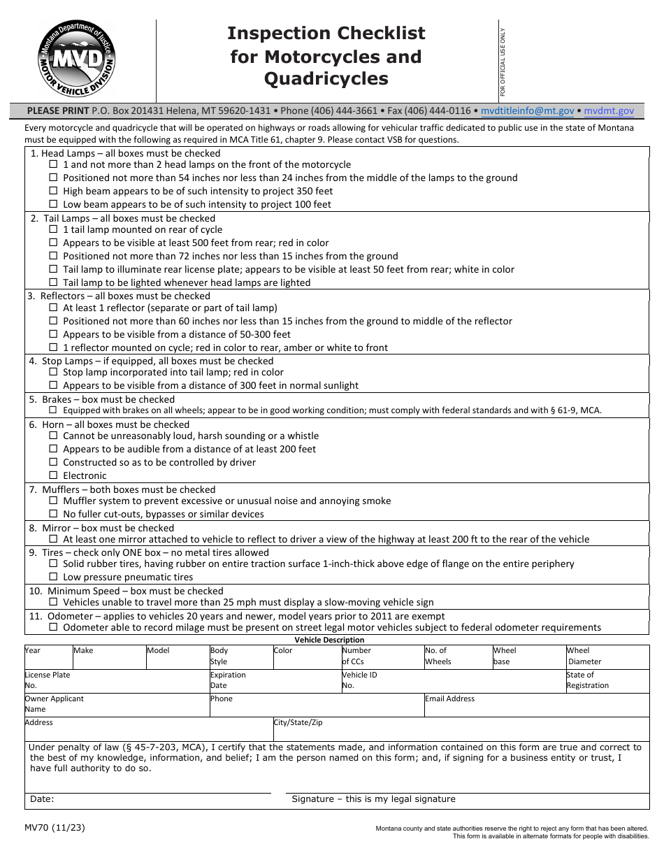 Form MV70 Inspection Checklist for Motorcycles and Quadricycles - Montana, Page 1