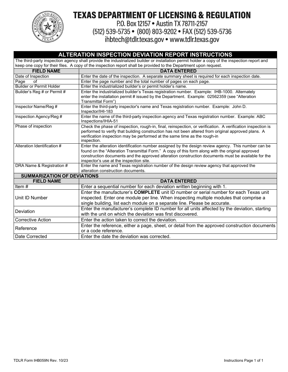 TDLR Form IHB059N Alteration Inspection Deviation Record Summary - Texas, Page 1