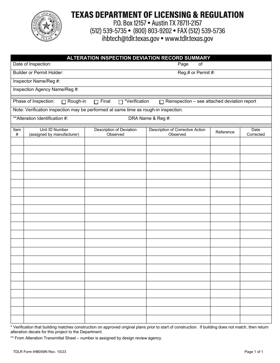 TDLR Form IHB059N Alteration Inspection Deviation Record Summary - Texas, Page 2