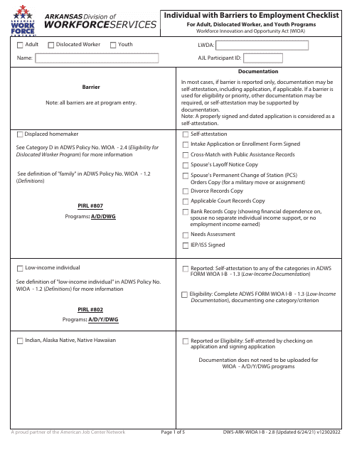 Form DWS-ARK-WIOA I-B2.8 Individual With Barriers to Employment Checklist for Adult, Dislocated Worker, and Youth Programs - Arkansas