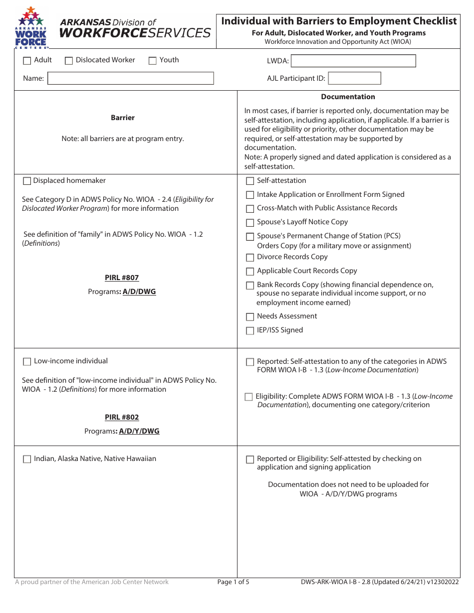 Form DWS-ARK-WIOA I-B2.8 Individual With Barriers to Employment Checklist for Adult, Dislocated Worker, and Youth Programs - Arkansas, Page 1