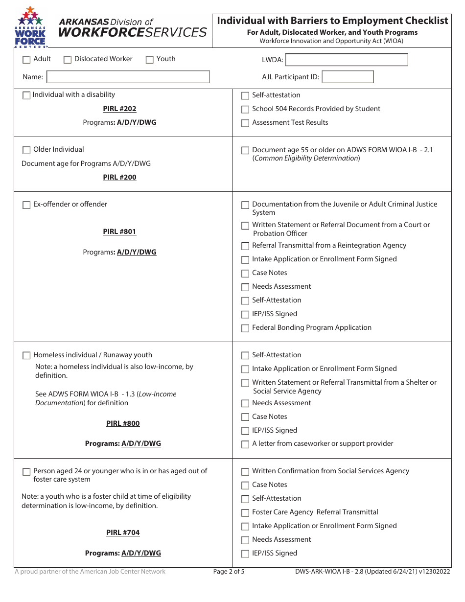 Form DWS-ARK-WIOA I-B2.8 Individual With Barriers to Employment Checklist for Adult, Dislocated Worker, and Youth Programs - Arkansas, Page 2