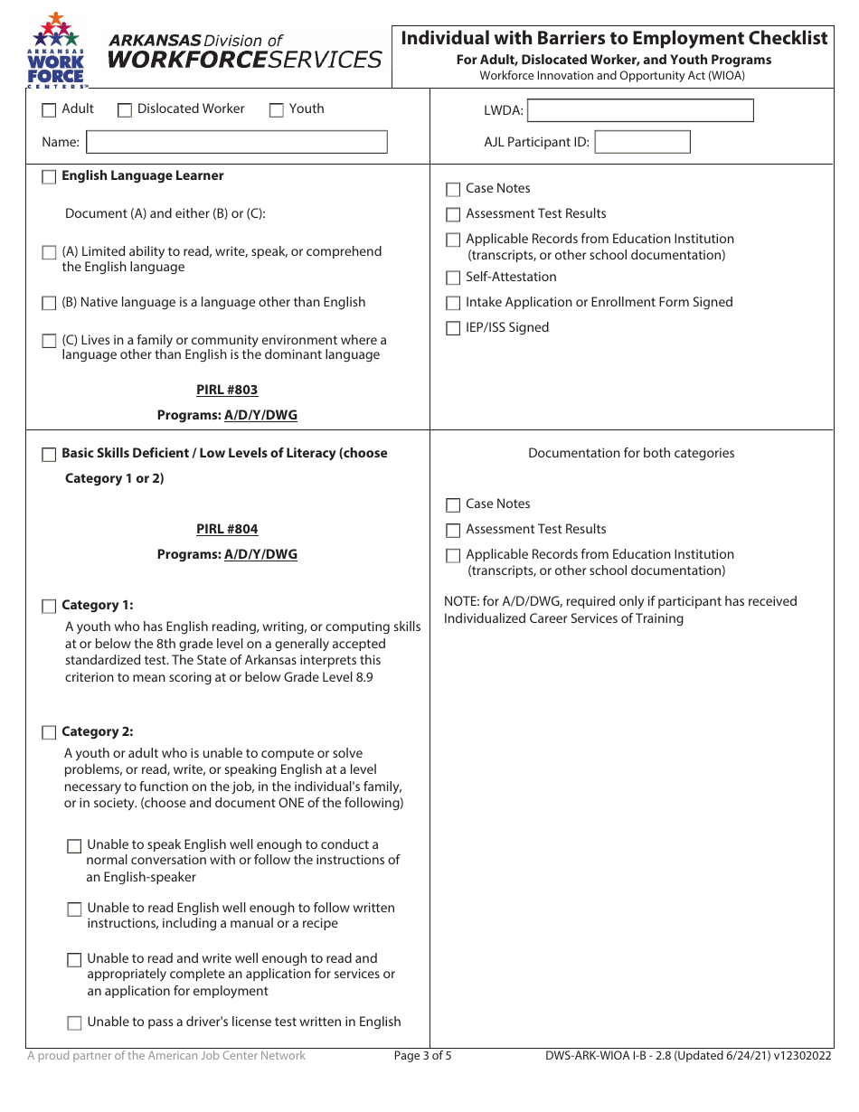 Form DWS-ARK-WIOA I-B2.8 Individual With Barriers to Employment Checklist for Adult, Dislocated Worker, and Youth Programs - Arkansas, Page 3
