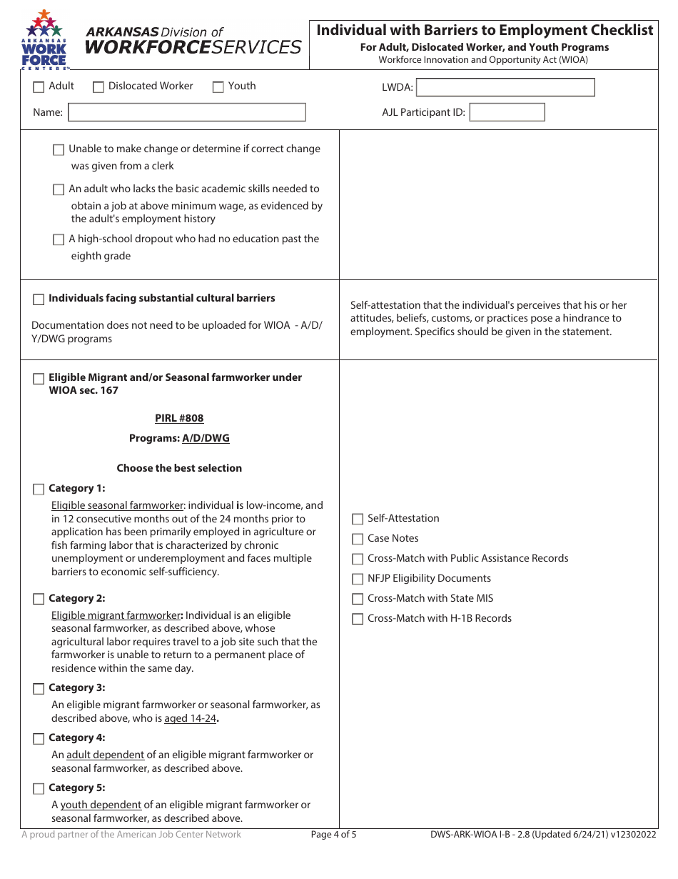Form DWS-ARK-WIOA I-B2.8 Individual With Barriers to Employment Checklist for Adult, Dislocated Worker, and Youth Programs - Arkansas, Page 4