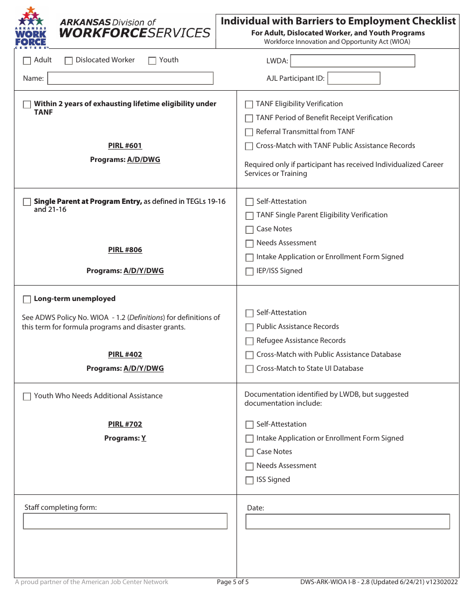 Form DWS-ARK-WIOA I-B2.8 Individual With Barriers to Employment Checklist for Adult, Dislocated Worker, and Youth Programs - Arkansas, Page 5