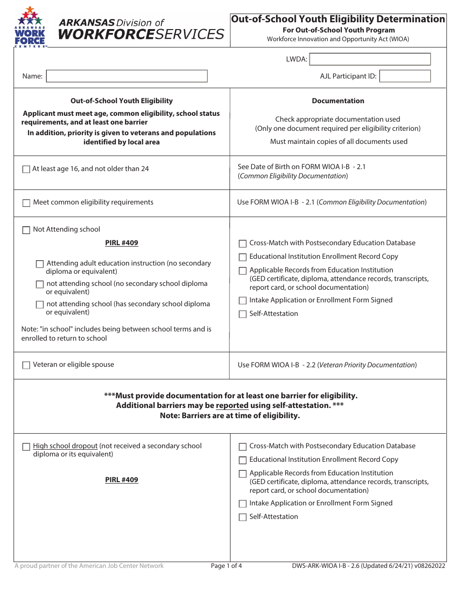 Form DWS-ARK-WIOA I-B2.6 Out-Of-School Youth Eligibility Determination for out-Of-School Youth Program - Arkansas, Page 1