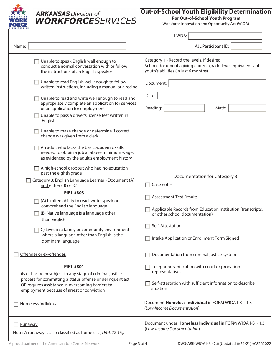 Form DWS-ARK-WIOA I-B2.6 Out-Of-School Youth Eligibility Determination for out-Of-School Youth Program - Arkansas, Page 3