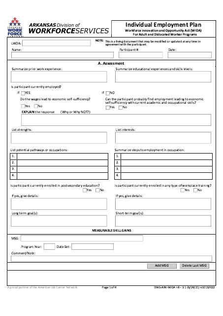 Form DWS-ARK-WIOA I-B3.1 Individual Employment Plan for Adult and Dislocated Worker Programs - Arkansas