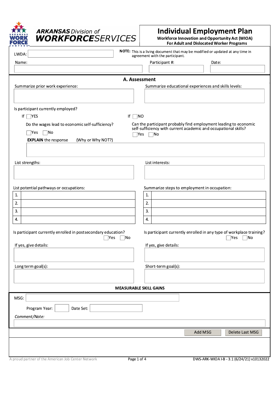 Form DWS-ARK-WIOA I-B3.1 Individual Employment Plan for Adult and Dislocated Worker Programs - Arkansas, Page 1