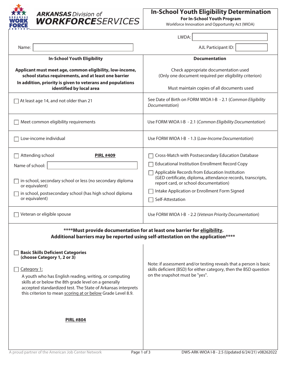 Form DWSARKWIOA IB2.5 Fill Out, Sign Online and Download Fillable