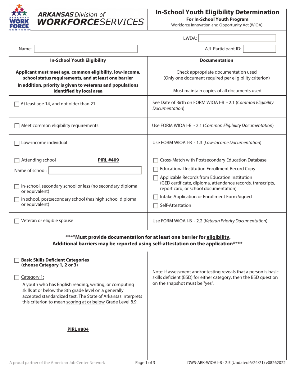 Form DWS-ARK-WIOA I-B2.5 In-school Youth Eligibility Determination for in-School Youth Program - Arkansas, Page 1