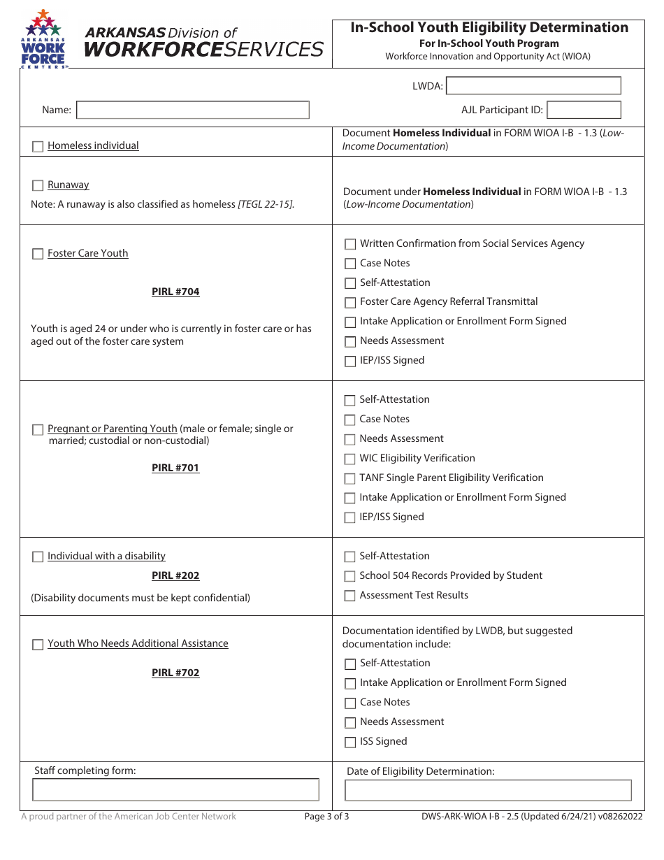 Form DWS-ARK-WIOA I-B2.5 In-school Youth Eligibility Determination for in-School Youth Program - Arkansas, Page 3