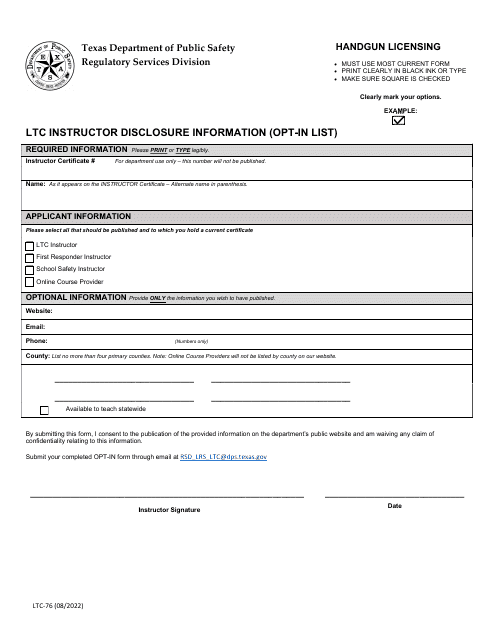 Form LTC-76 Ltc Instructor Disclosure Information (Opt-In List) - Texas
