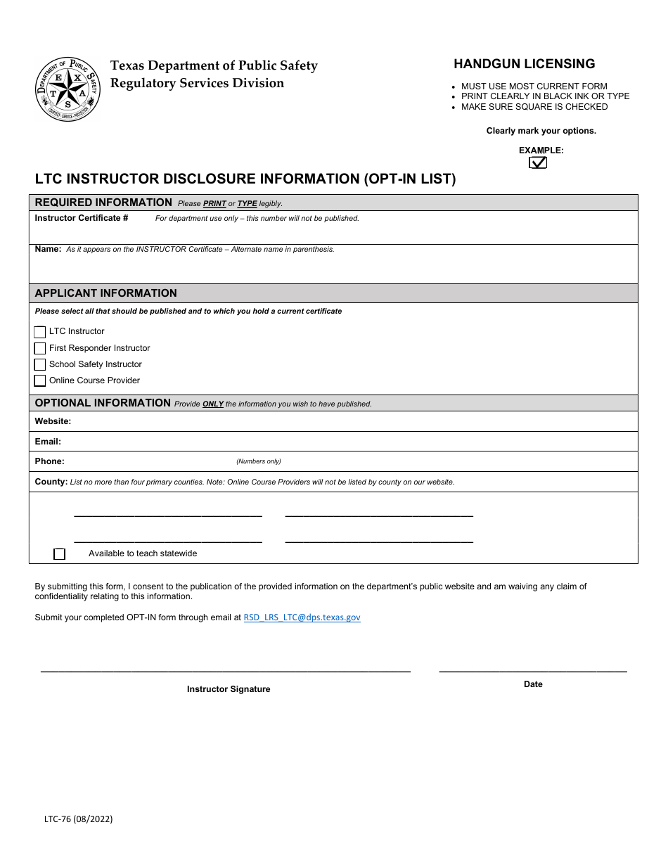 Form LTC-76 Ltc Instructor Disclosure Information (Opt-In List) - Texas, Page 1
