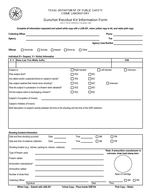 Form LAB-211 Gunshot Residue Kit Information Form - Texas
