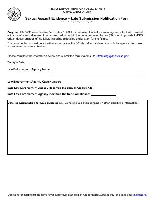 Form LAB-216 Sexual Assault Evidence - Late Submission Notification Form - Texas