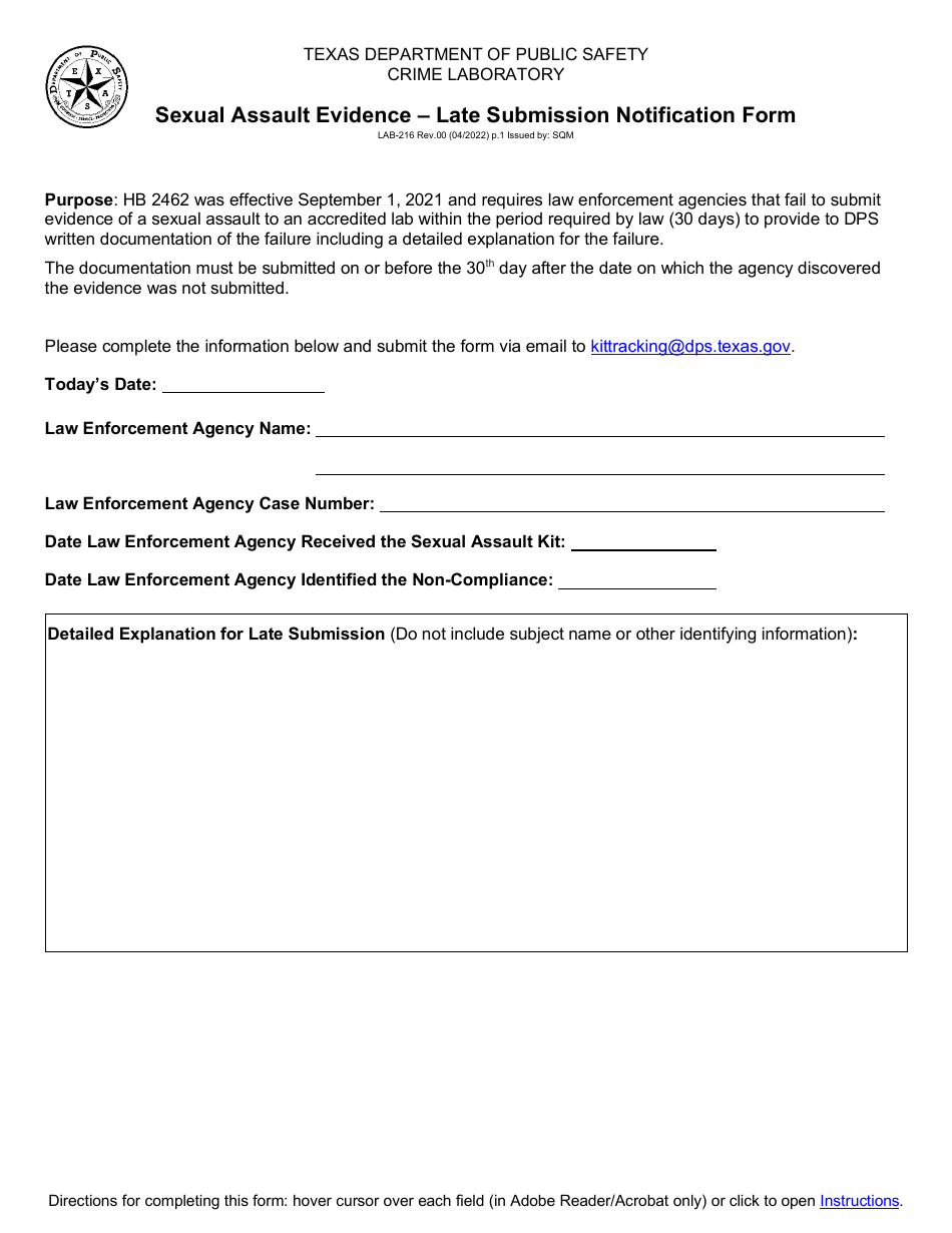 Form LAB-216 Sexual Assault Evidence - Late Submission Notification Form - Texas, Page 1