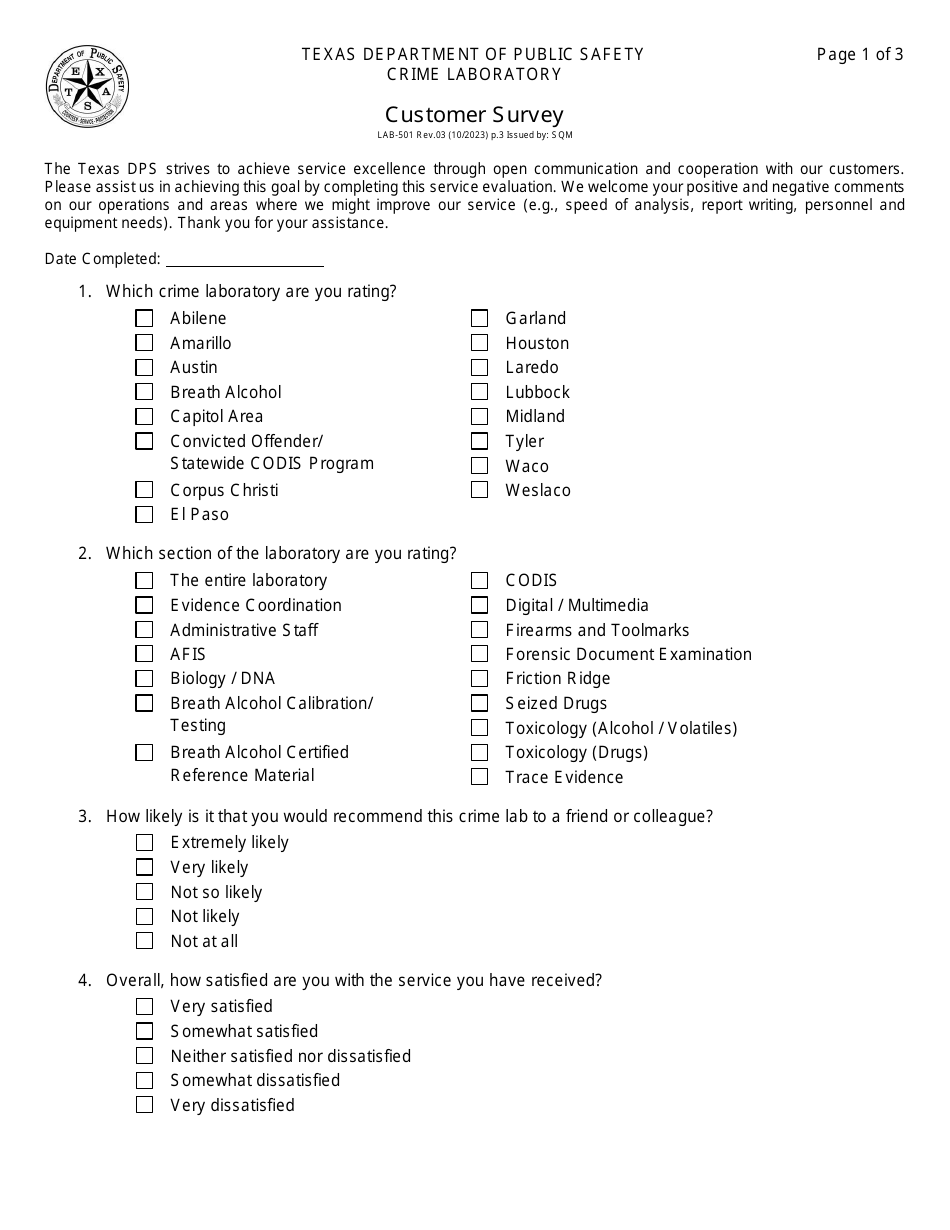 Form LAB-501 Customer Survey - Texas, Page 1