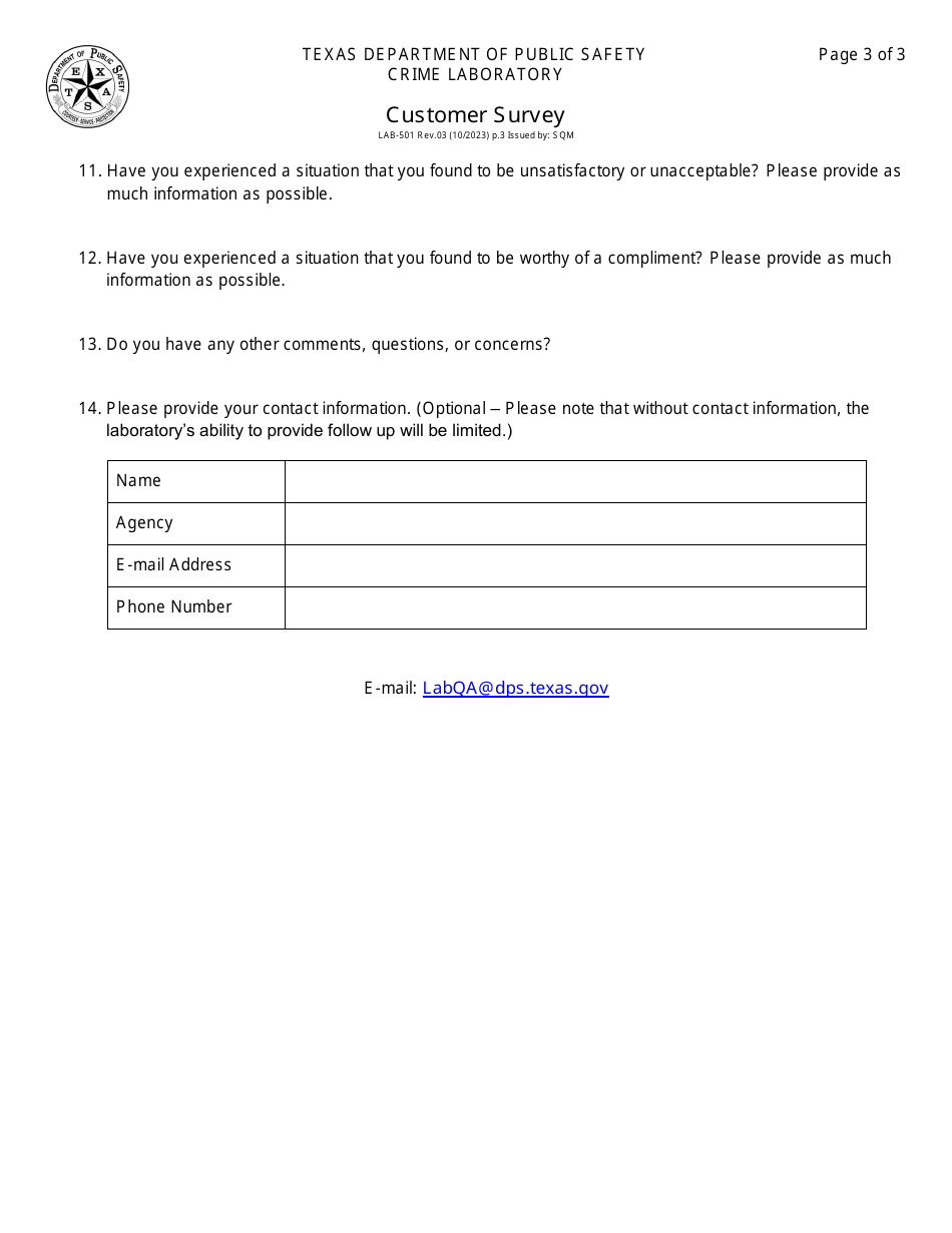 Form LAB-501 Customer Survey - Texas, Page 3
