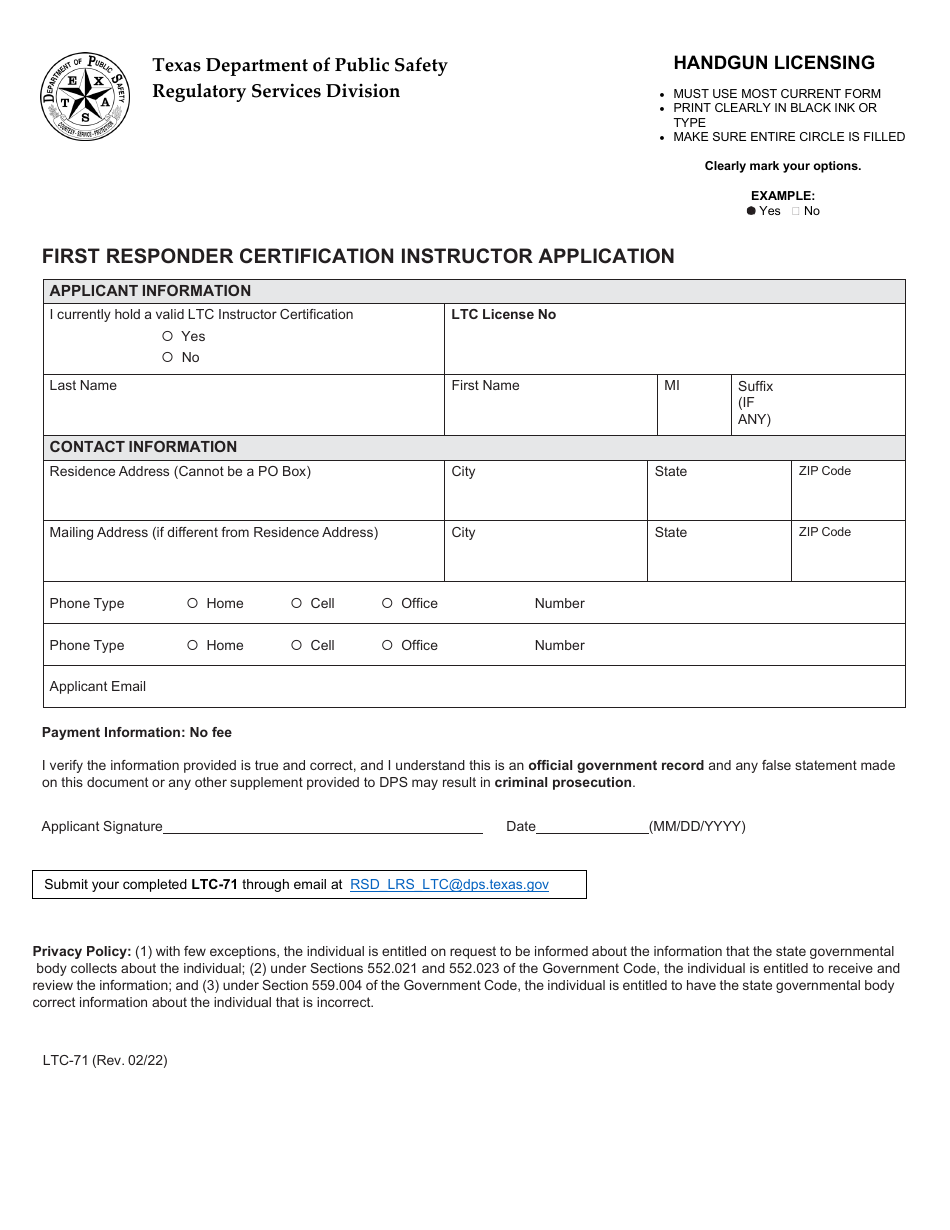 Form LTC-71 First Responder Certification Instructor Application - Texas, Page 1