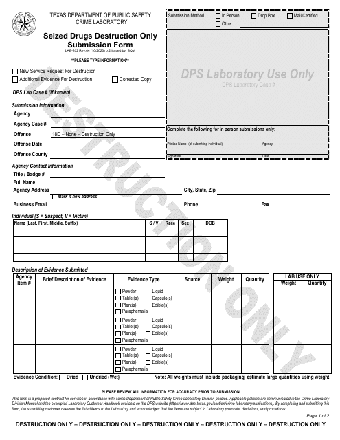 Form LAB-202 Seized Drugs Destruction Only Submission Form - Texas