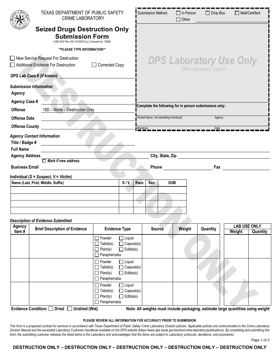 Form LAB-202 Seized Drugs Destruction Only Submission Form - Texas, Page 1