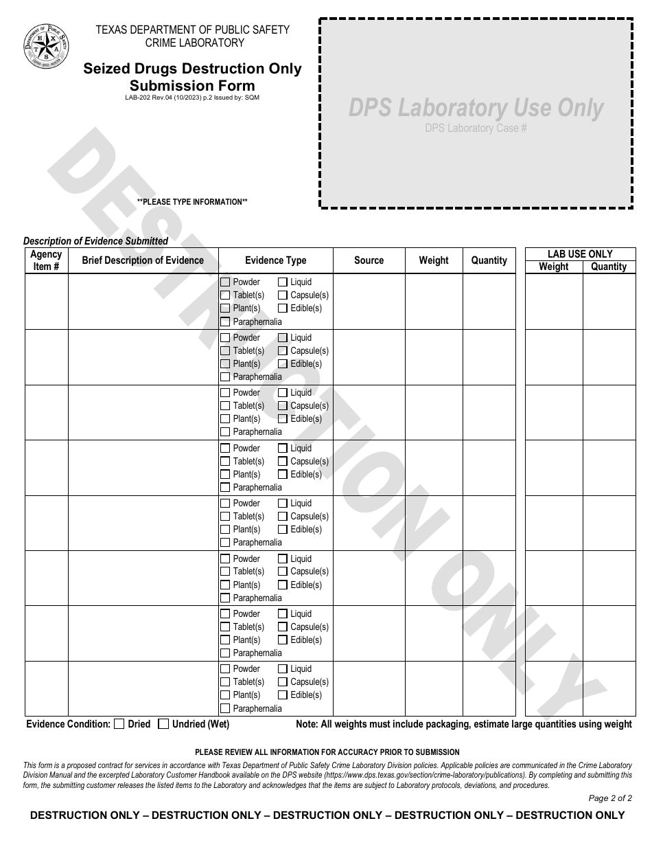 Form LAB-202 Seized Drugs Destruction Only Submission Form - Texas, Page 2
