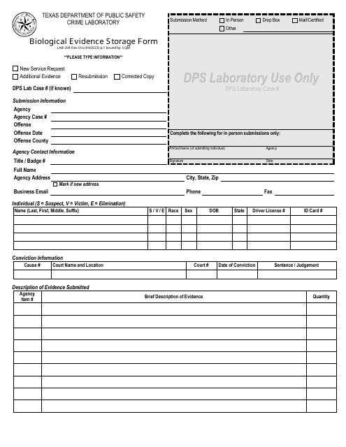 Form LAB-204 Biological Evidence Storage Form - Texas