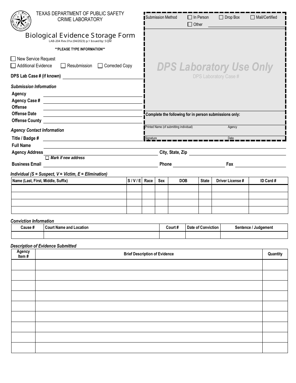 Form LAB-204 Biological Evidence Storage Form - Texas, Page 1