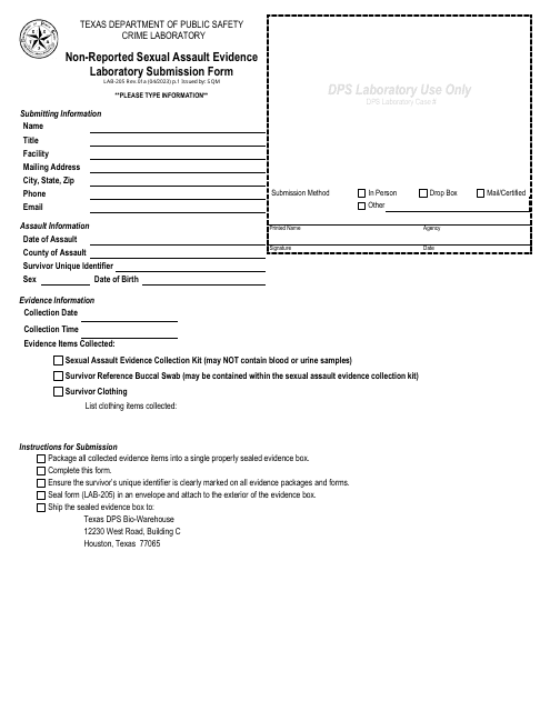 Form LAB-205 Non-reported Sexual Assault Evidence Laboratory Submission Form - Texas