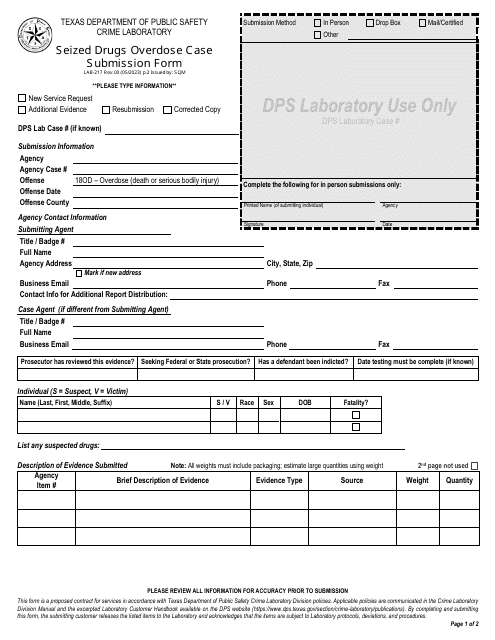 Form LAB-217 Seized Drugs Overdose Case Submission Form - Texas