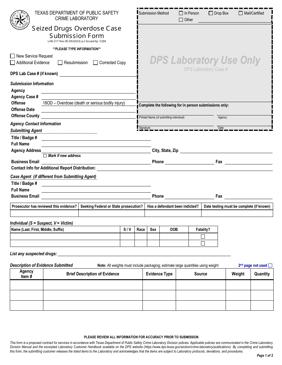 Form LAB-217 Seized Drugs Overdose Case Submission Form - Texas, Page 1