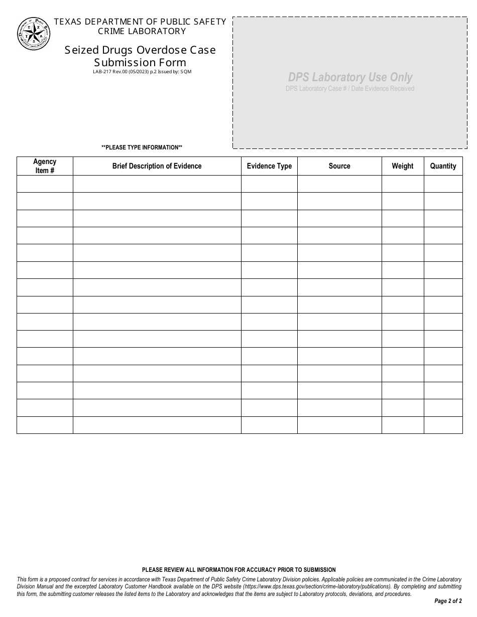 Form LAB-217 Seized Drugs Overdose Case Submission Form - Texas, Page 2