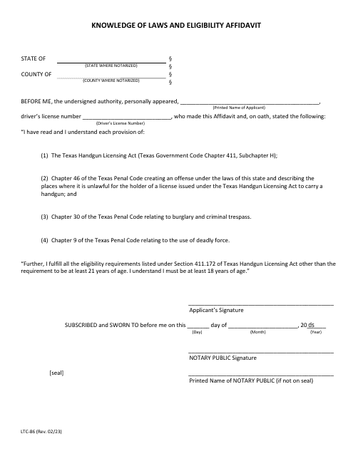 Form LTC-86 Knowledge of Laws and Eligibility Affidavit - Texas