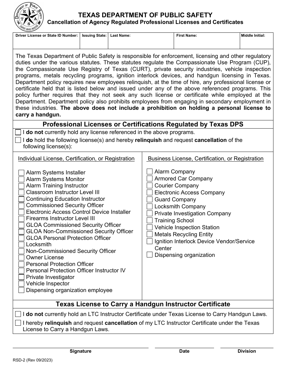 Form RSD-2 Cancellation of Agency Regulated Professional Licenses and Certificates - Texas, Page 1