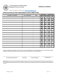 Document preview: Form LTC-10 Certification of First Responder Class Completion - Texas
