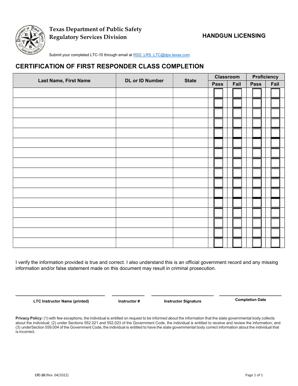 Form LTC-10 Certification of First Responder Class Completion - Texas, Page 1