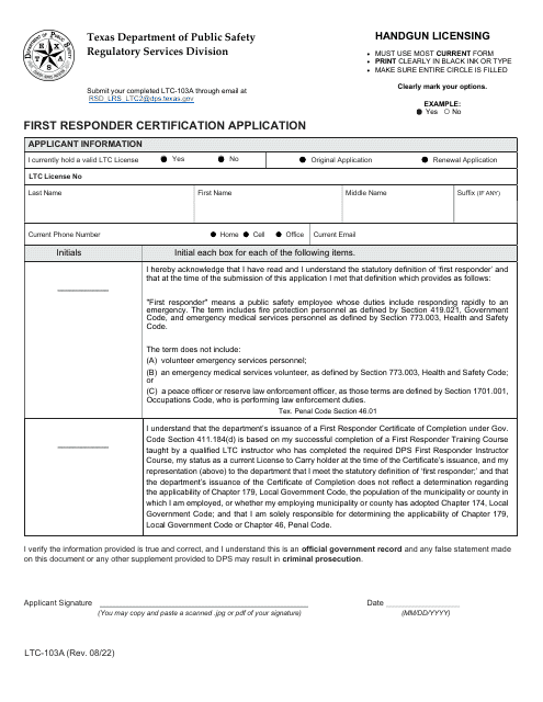 Form LTC-103A First Responder Certification Application - Texas
