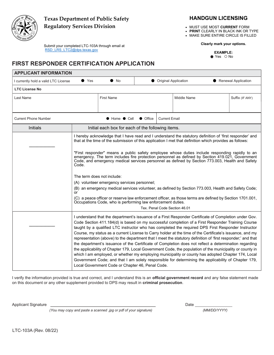 Form LTC-103A First Responder Certification Application - Texas, Page 1
