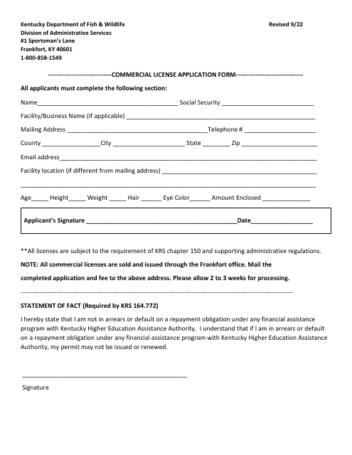 Commercial License Application Form - Kentucky Download Pdf