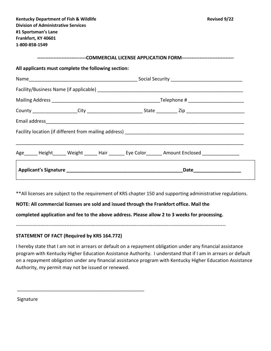 Kentucky Commercial License Application Form - Fill Out, Sign Online ...